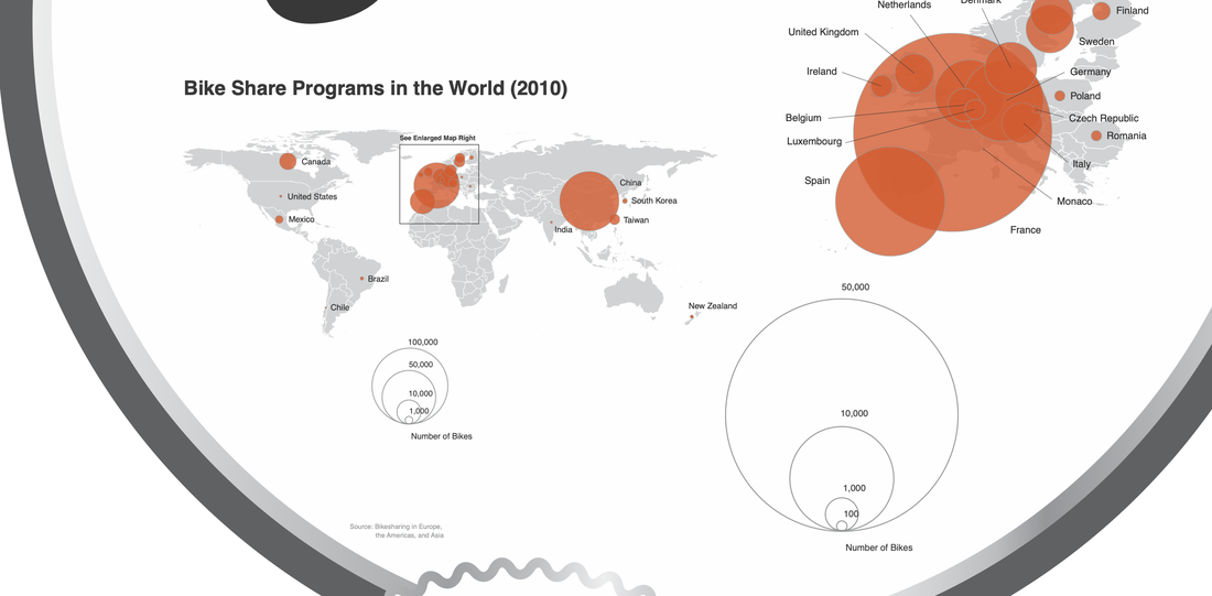 World map with proportional circles showing the scale of bike share programs by country in 2010