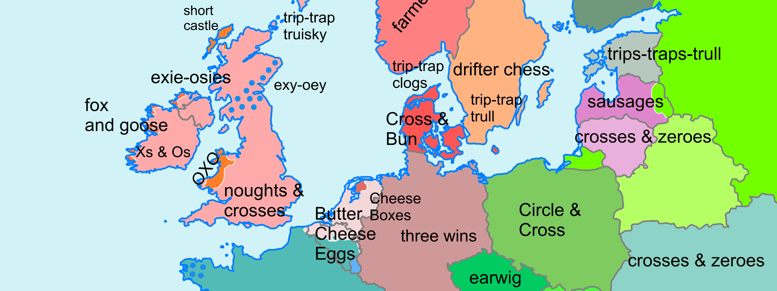 Detail of a map of Europe in which each language region is labelled with the English meaning of its name for tic-tac-toe — 'fox and goose', 'Butter Cheese Eggs', 'three wins', 'drifter chess'